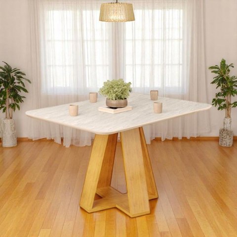 Mesa de Jantar Tampo Retangular Chanfrado Curvo Mad/vid 120 X 90cm Kiara Cedro Quartzo- Mabe Magazin