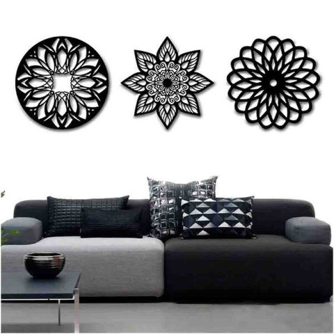 Kit 3 Mandalas Decorativas 60x60cm Vazado - Mdf:Preto