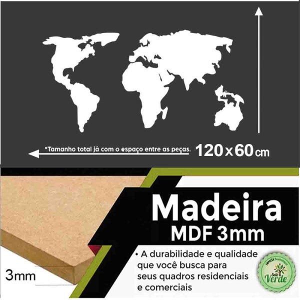 Quadro Decorativo Mapa Mundi Político 3mm - Mdf:Branco - 3