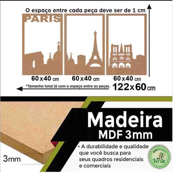 Quadro Decorativo Paris 3mm Vazado - Mdf:Mdf - 3