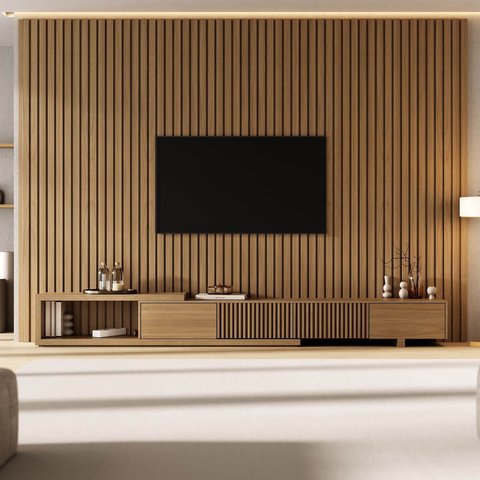 Rack Extensível com Painel Ripado TV 86 Polegadas Planejado 320x230cm Aruá CabeCasa MadeiraOriginals