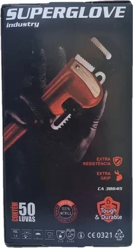 Luva Nitrilica Preta Impermeável Extra Resistente Mecânico Multitato Com 50 Uni (Pai):G - 6