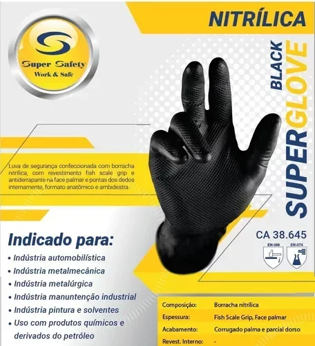 Luva Nitrilica Preta Impermeável Extra Resistente Mecânico Multitato Com 50 Uni (Pai):G - 2