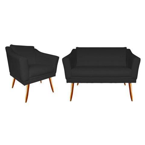 Kit Namoradeira + 1 Poltrona Decorativa Agatha Suede Preto Pés Madeira Mz Decor