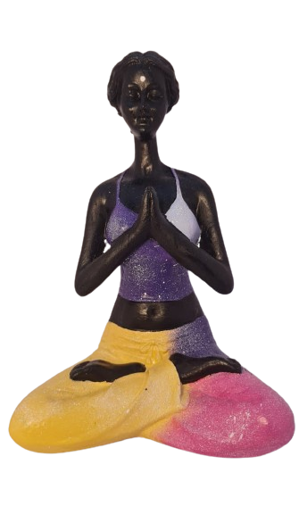 Bailarina Yoga Yogui Pernas Cruzadas Orando Degradê Azul Roxo Rosa e Amarelo - Peça em Gesso