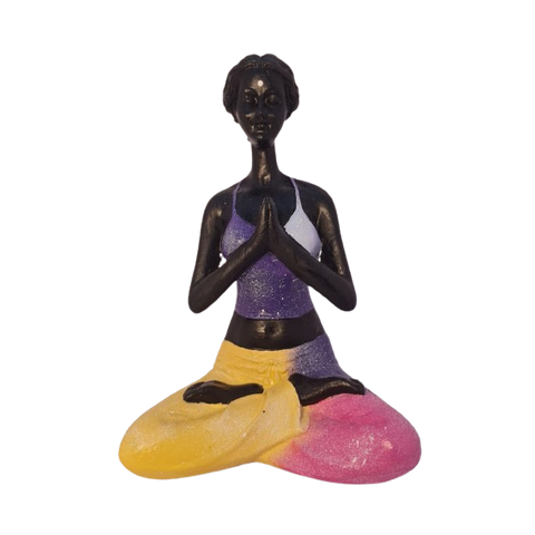 Bailarina Yoga Yogui Pernas Cruzadas Orando Degradê Azul Roxo Rosa e Amarelo - Peça em Gesso
