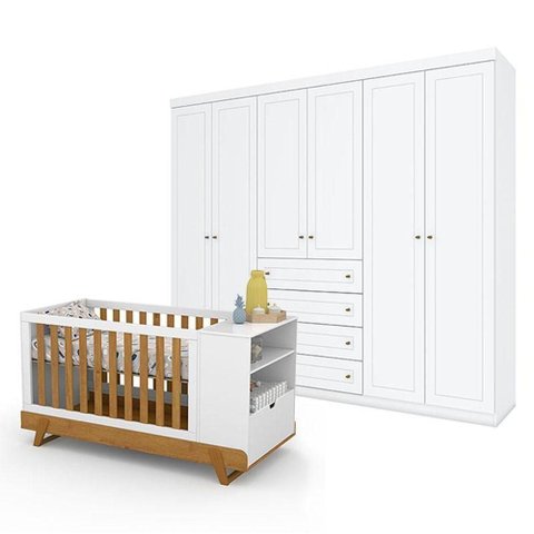 Berço Multifuncional Bkids Branco Freijó Eco Wood - Matic E guarda Roupa Casal Americano 6 Portas