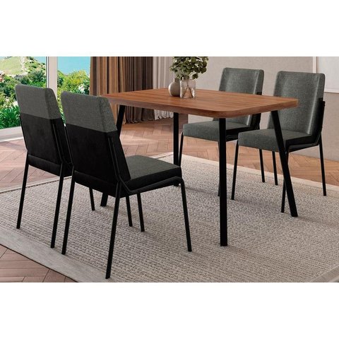 Conjunto: Mesa Sala Jantar Stellar 1598 Aço C/ Tampo Madeirado 120x80cm e 4 Cadeiras Hug Preto/