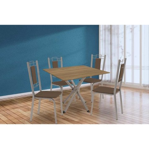 Conjunto: Mesa Sala Jantar Volga C/ Tampo de Madeira 90cm e 4 Cadeiras Florença Niquel/nogueira -