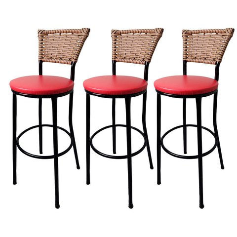 Kit 3 Banquetas Bistrô Hawaii Fendi Assento Vermelho