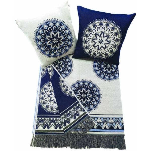 Kit com 2 Almofadas Jacquard Mandala Azul com enchimento (45x45) + 1 Xale para Sofá Mandala Azul (