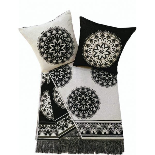 Kit com 2 Almofadas Jacquard Mandala Preto com enchimento (45x45) + 1 Xale para Sofá Mandala Preto