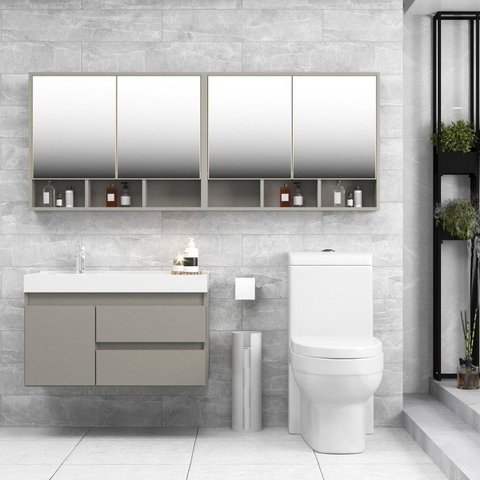 Conjunto Gabinete para Banheiro com Espelheira Floripa Cinza/Cimento