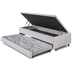 Bicama Box com Baú Solteiro Courino Linho Branco 88x188 com Colchão Auxiliar Ecoflex