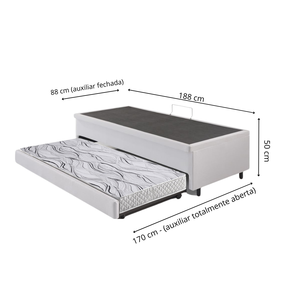 Bicama Box com Baú Solteiro Courino Linho Branco 88x188 com Colchão Auxiliar Ecoflex - 3