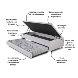 Bicama Box com Baú Solteiro Courino Linho Branco 88x188 com Colchão Auxiliar Ecoflex - 4