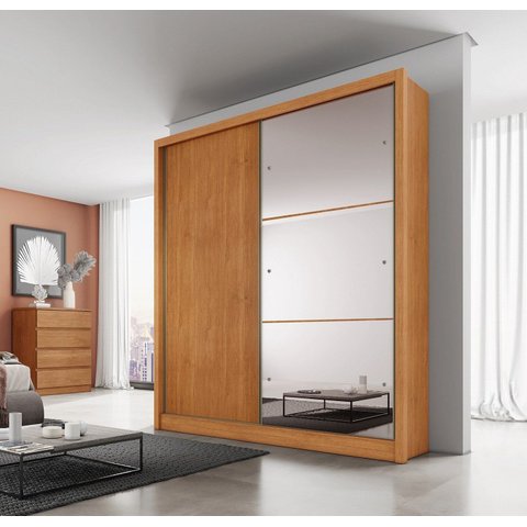 Guarda Roupa Solteiro MDF com Espelho 2 Portas 3 Gavetas Toronto Marrom/Cinamomo