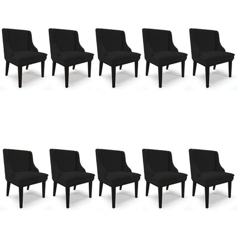 Kit 10 Cadeiras Estofadas para Sala de Jantar Base Fixa de Madeira Preto Lia Linho Preto - Ibiza