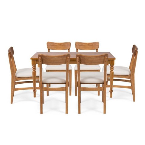 Conjunto Sala de Jantar Madeira Maciça Mesa Amarilis e 6 Cadeiras Estofadas Olmo