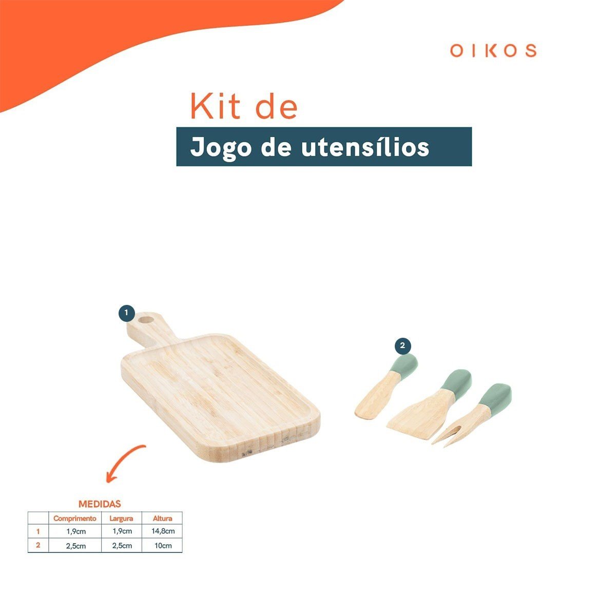 Kit Jogo de utensílios e tábua de corte em bambu 4pç – Oikos - 2