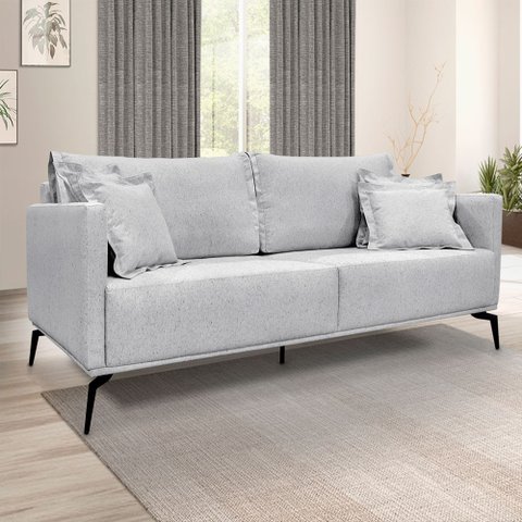 Kit 2 Poltronas e Sofá Living 2 Lugares 1,80m Sirius Linho Cinza Pés Metálicos - Pallazio