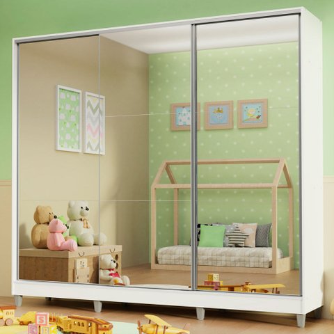 Guarda-Roupa Infantil Madesa Logan 100% MDF 3 Portas de Correr de Espelho com Pés Branco Cor:Branco