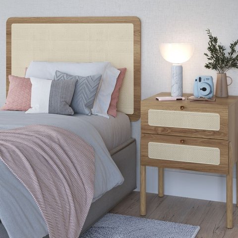 Conjunto Cabeceira Solteiro e Mesa de Cabeceira 2 Gavetas Pé Madeira Palhinha Oslo Artesano |nero