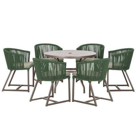 Mesa com 6 Cadeiras de Jantar Roma 120cm e Noronha em Alumínio Marrom Corda Náutica Estofado 8 Trama