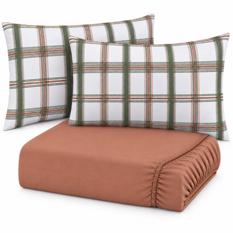 Jogo de Cama Lençol Casal Malha Soft 100% Algodão Fio Penteado Estampado Toque Macio 3 Peças Xadrez 