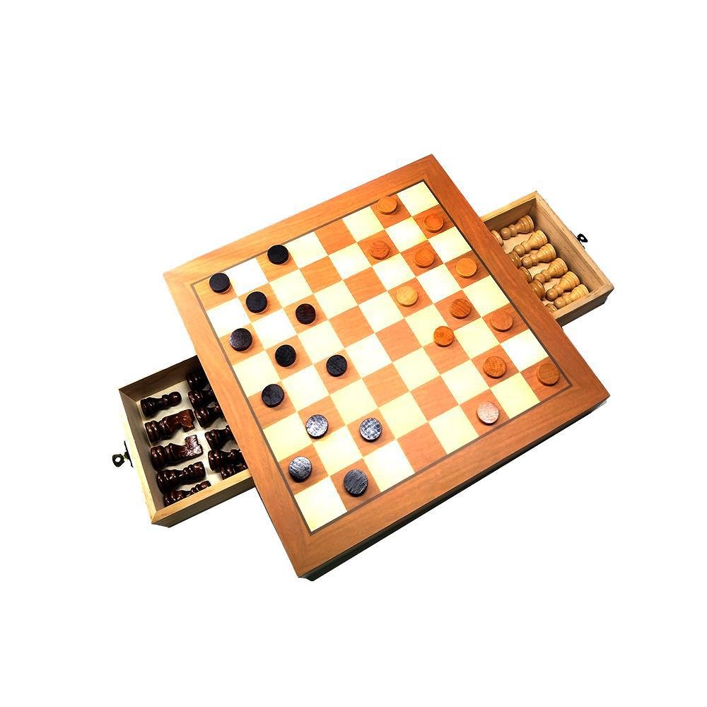 Jogo de xadrez e Dama tabuleiro box em madeira com gaveta 29 X 29 X 5 cm