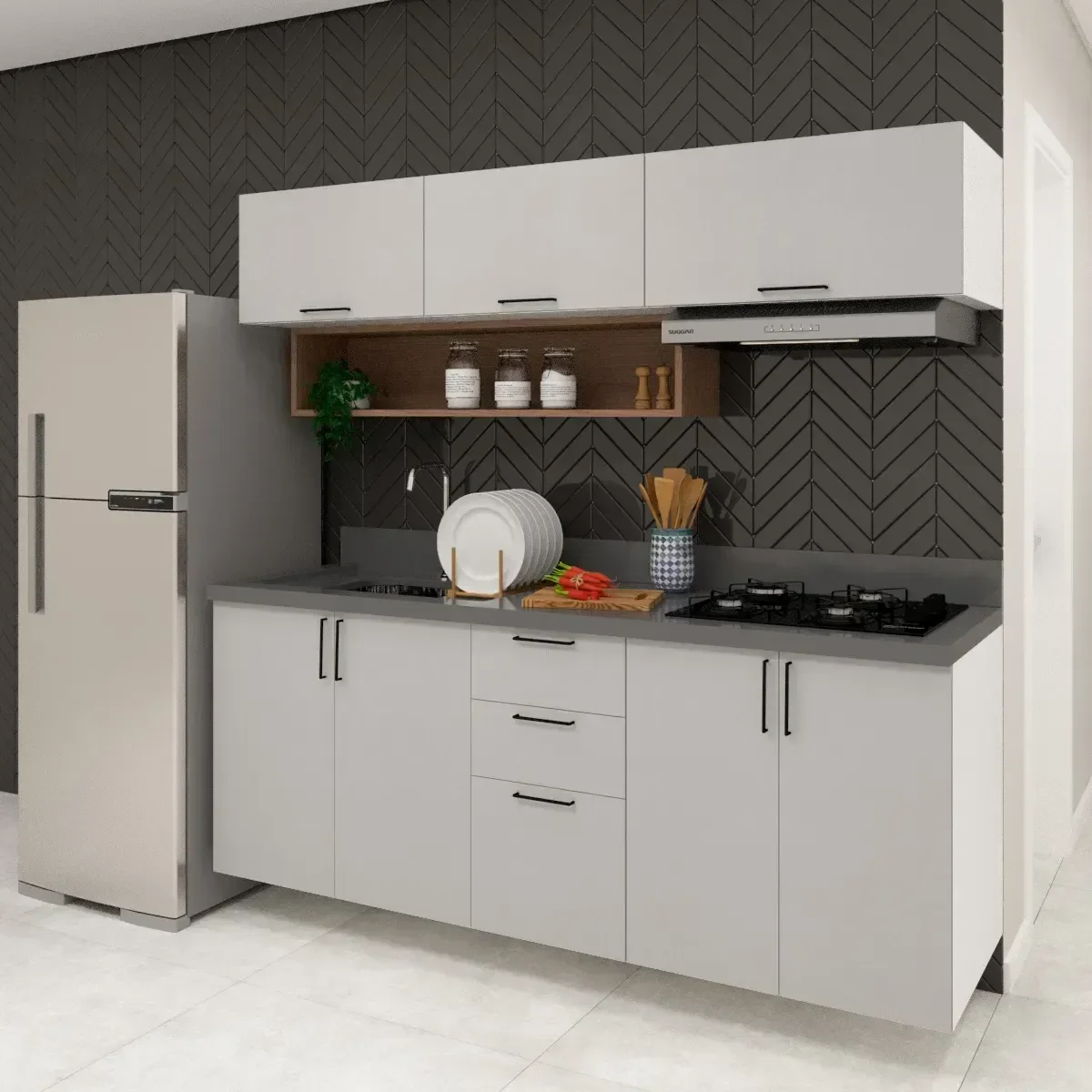 Cozinha Completa Bella Mdf 7 Portas 3 Gavetas Cinza Branco - 3