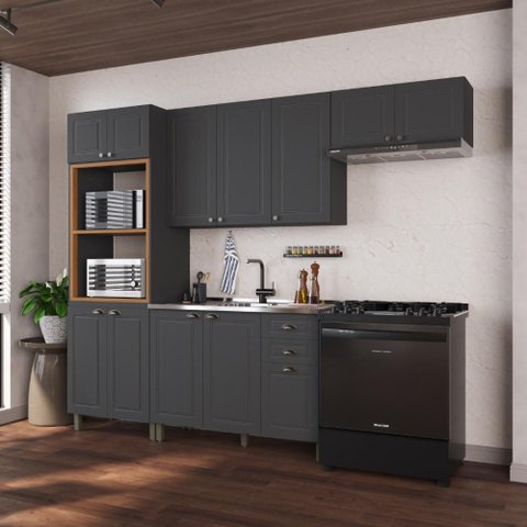 Armário de Cozinha Modulada Compacta Fidelitá Nara 100% MDF 4 Peças 270cm 12 Portas 2 Gavetas sem