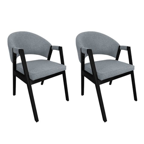 Kit 2 Cadeiras de Jantar Estofadas Helen Linho Cinza Madeira Eucalipto Tratado Preto Sala Luxo