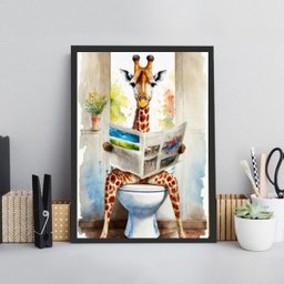 Quadro Banheiro Girafa Lendo Jornal- Aquarela 24x18cm:madeira Preta - 2
