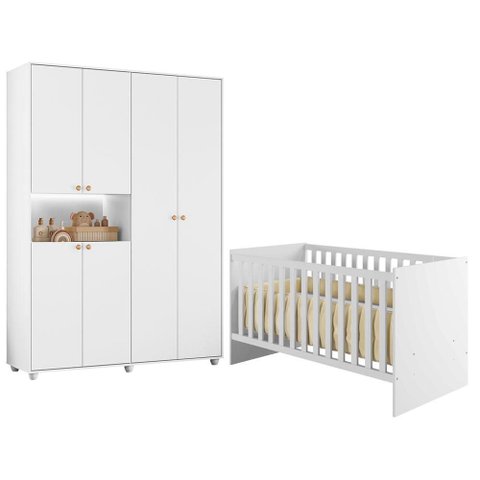 Berço Nacional Life 2186 com Guarda Roupa Infantil Vittoria Branco- Móveis Albatroz