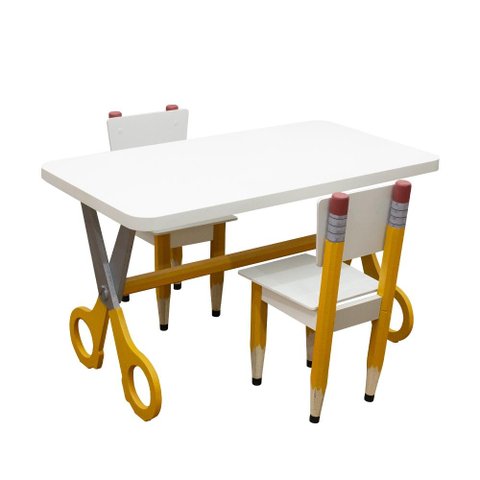 Conjunto Mesa e 2 Cadeiras Infantil Formato Lápis Tesoura:amarelo