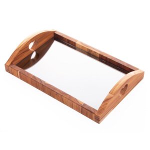 Bandeja Alça Coração de Madeira Teca 36x23cm com Espelho - Rojemac
