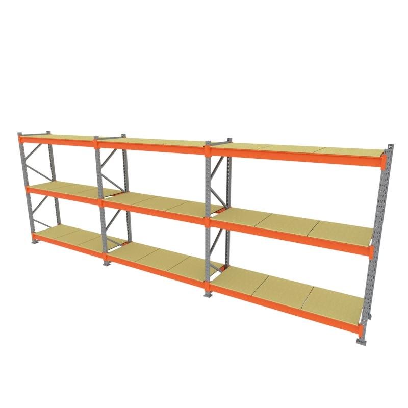Expositor 3 mini porta pallet 250 kg 180x200x60 (CxLxP) cinza com laranja bandejas mdf cru
