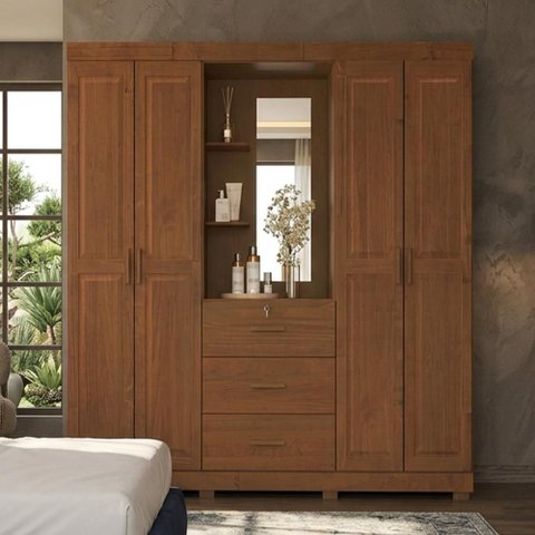Guarda Roupa Casal com Espelho 4 Portas 3 Gavetas Madeira Maciça Selena F06 Castanho - Lyam Decor