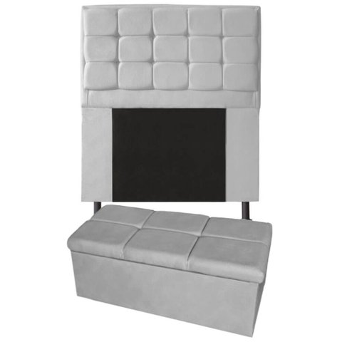 Kit Cabeceira + Calçadeira Baú Copenhague Solteiro 120cm Suede - Ecotec Decor:Cinza