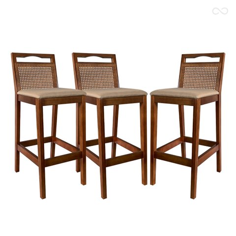 Kit 3 Banquetas Alta de Madeira para Bancada Valência Rattan Castanho Linho Bege Ccs