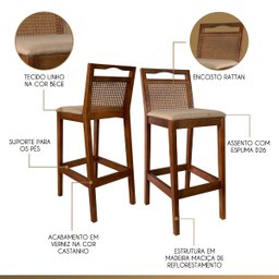 Kit 3 Banquetas Alta de Madeira para Bancada Valência Rattan Castanho Linho Bege Ccs - 4