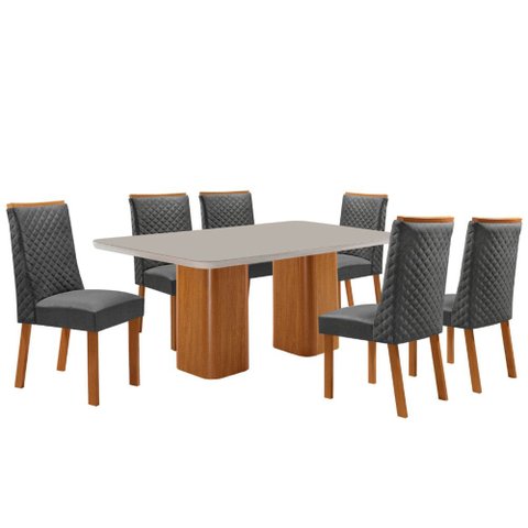 Mesa de Jantar Eloise 180cm Tampo MDF Vidro Canto Copo com 6 Cadeiras Yasmin