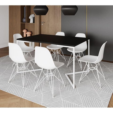 Mesa Industrial Jantar Retangular 137X90Cm Preta Base V Com 6 Cadeiras Brancas Ferro Br Preto