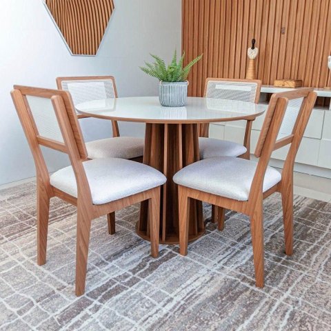 Conjunto Mesa de Jantar Redonda com 4 Cadeiras Tampo em MDF Off White 105cm Dalla Costa Móveis