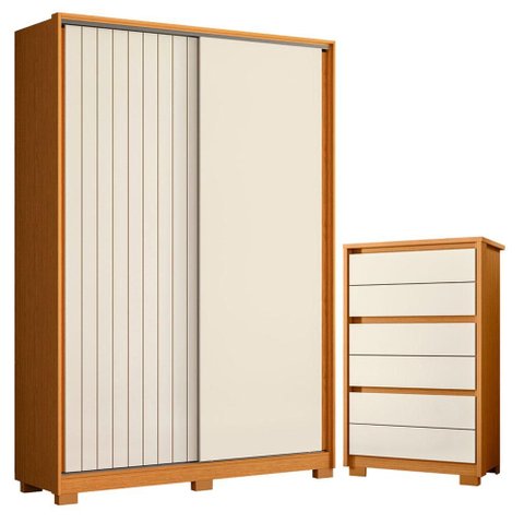 Guarda Roupa Solteiro Frizatto 02 Portas de Correr e Cômoda Unno 06 Gavetas Cinamomo Off White - Móv