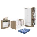 Ver imagem 1 de Dormitório Doce Sonho 2 Portas, Cômoda 3 Gavetas, Berço Mini Cama Carvalho/Branco e Colchão - Qmovi