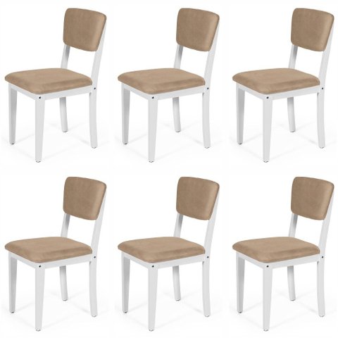 Kit 6 Cadeiras de Jantar Madeira Maciça Estofadas Ella Branco e Marrom Claro - Straub Web
