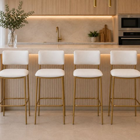 Banqueta Alta Aurora Dourada Off White para Bancada com Encosto Kit 4 Unidades
