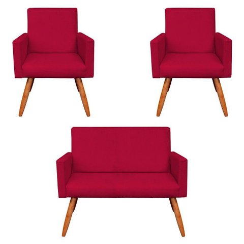 Kit 2 Poltronas e Namoradeira Nina Suede Vermelho